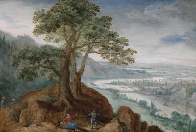 Vista desde Pöstlinberg de la ciudad de Linz con una campesina y un viajero en un sendero en primer plano de Lucas van Valckenborch